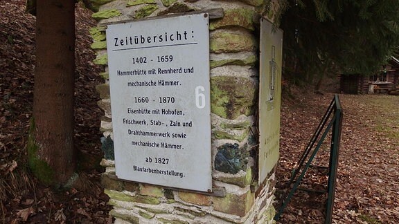 Eine Zeittafel an einer mittelalterlichen Wand zur Geschichte des Hammerwerks Schmalzgrube.