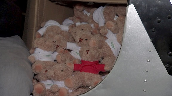 Eine Kiste voll mit Teddys.