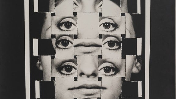 Fotografie von Evelyn Krull: eine schwarz-weiße Aufnahme eines Gesichtes, die zerschnitten und neu angeordnet wurde, sodass unter anderem sechs Augen und zwei Münder gezeigt werden