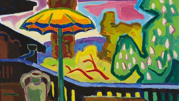 Ein Gemälde von Karl Schmidt-Rottluff zeigt eine "Veranda mit Sonnenschirm", 1958