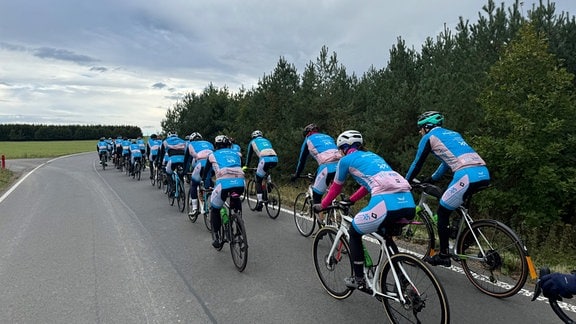 Radrennfahrer fahren in einer großen Gruppe.