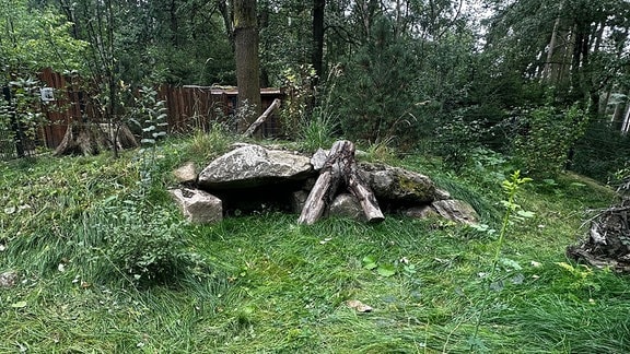 Auf einer umzäunten Wiese ist der Eingang einer künstlichen Höhle zu sehen.