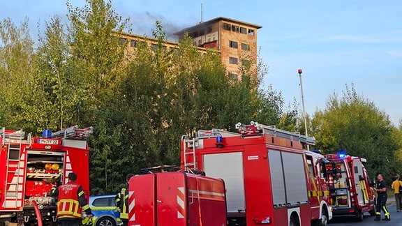 Vor einem brennenden Silo stehen mehrere einsatzwagen der feuerwehr. Rauchschwaden steigen im Hintergrund in den Abendhimmel am 23.8.2024 in Mittweida.