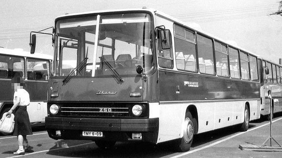 Ein Ikarus-Reisebus steht auf einem Busparkplatz. Es handelt sich um eine historische Schwarz-weiß-Aufnahme aus der Zeit um 1989.