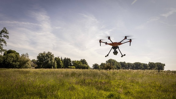 Mit einer Drohne mit Waermebildkamera werden morgens zwischen 4 und 7 Uhr Rehkitze auf Wiesen aufgespuert, die am Tag gemaeht werden sollen. 