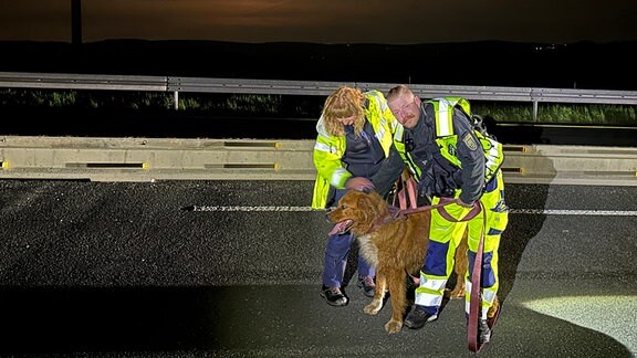 Zwei Polizeibeamte mit einem Hund auf einer Autobahn.