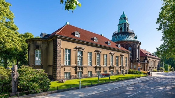 Das Pechstein-Museum in Zwickau: Ein imposantes Gebäude mit einem Turm steht in der Sonne und ist von Bäumen umrahmt. 