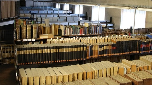 Die historische Büchersammlung im Pechstein-Museum: Mehrere Reihen historischer Bücher mit vergilbten Seiten und beschädigten Einbänden stehen in einem Raum hintereinander. 