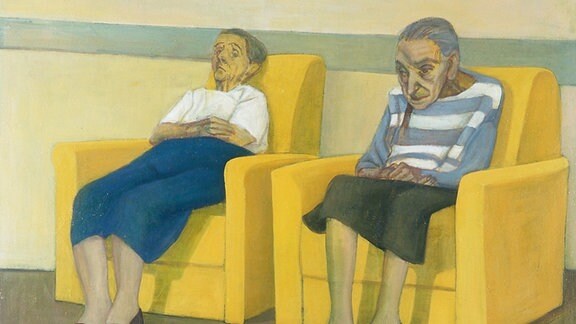 Gemälde von zwei älteren Personen, die in gelben Sesseln warten