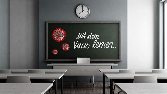 Ein Klassenzimmer, Blick zu einer Tafel auf der Viren gemalt sind