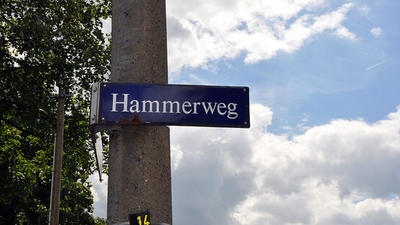 Ein blaues Straßenschild mit der Aufschrift "Hammerweg" hängt an einem Betonpfeiler