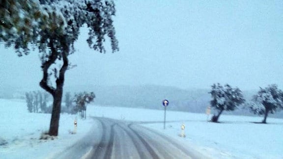 Schneebedeckte Straße aus Auto bei Blankenhain