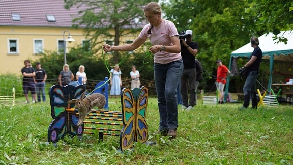 Eine Frau führt ein Kaninchen an einer Leine. Es macht einen Satz über eine Hürde.