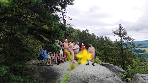 Umgeben von Wald stehen mehrere Menschen auf einem Felsplateau. Circa die Hälfte von ihnen nackt 