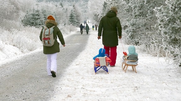 Spaziergänger auf einem von Schnee geräumten Waldweg.