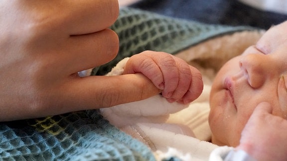 Ein Säugling greift den kleinen Finger seiner Mutter