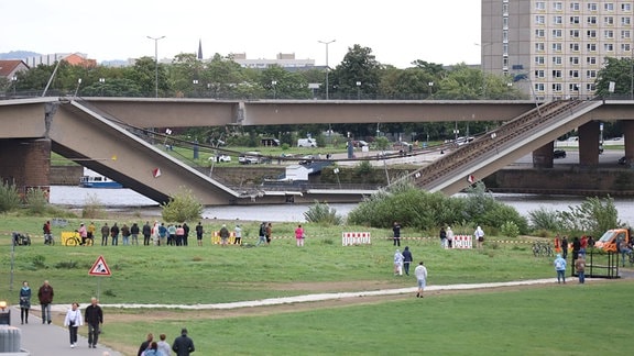 Menschen stehen auf der Wiese vor der eingestürzten Carolabrücke.