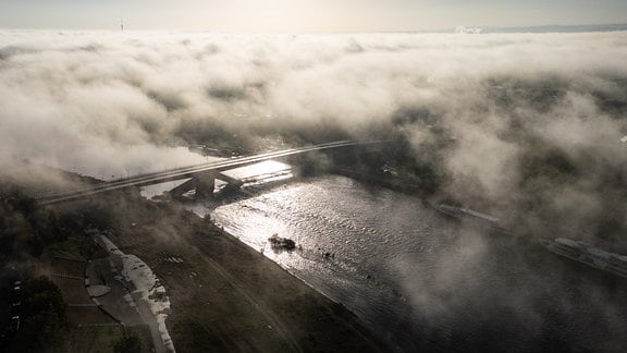 Nebel zieht am Morgen über das Elbtal um die teilweise eingestürzte Carolabrücke.