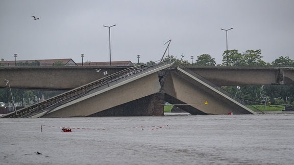 Die Hochwasser führende Elbe fließ an der teileingestürzten Carolabrücke entlang.