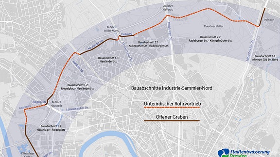 Karte des Stadtgebiets Dresden mit geplantem Verlauf eines Abwasserkanals für die Industrie