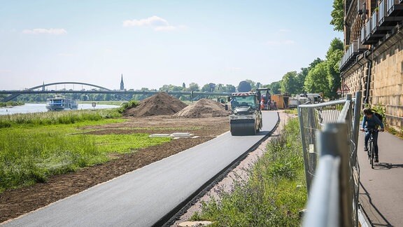 Bauselle für einen Radweg an der Elbe auf Höhe der Saloppe.