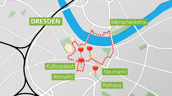 Menschenkette und Versammlungen zum 13.Februar in Dresden