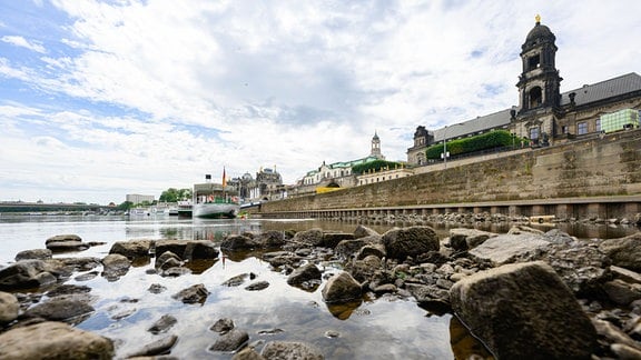 Blick auf das Heck des Schaufelraddampfers «Dresden» an der Brühlschen Terrasse. 