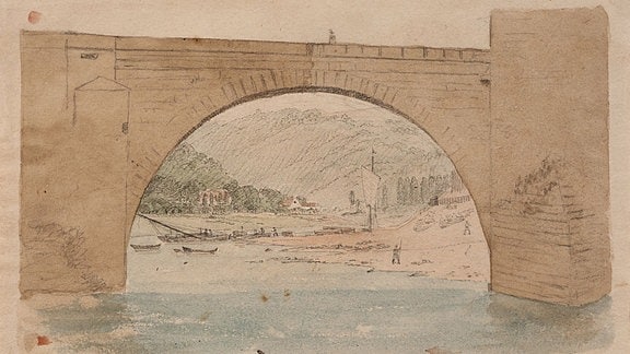 Ein Bild in Aquarell-Farben und Bleistift zeigt eine Brücke über einen Fluss.