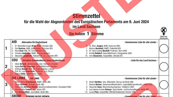 Musterstimmzettel für die Europawahl am 9. Juni 2024 für Wähler in Sachsen 