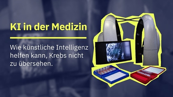Eine Collage zeigt einen Hautscanner und weitere technische Geräte zur Hautkrebsvorsorge, dazu der Text "KI in der Medizin. Wie künstliche Intelligenz helfen kann, Krebs nicht zu übersehen"