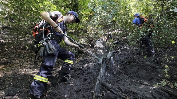 Ein Feuerwehrmann löscht im Wald einen Brand. 