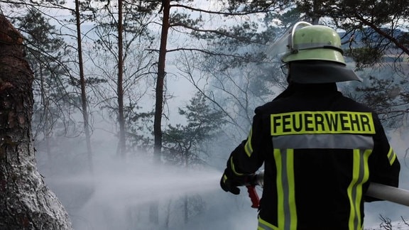 ein Feuerwehrmann steht im Wald an einer Schlucht und hält einen Feuerwehrschlauch ins Gelände. Schaum spritzt heraus und löscht den Waldboden.
