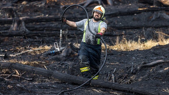 Ein Feuerwehrmann im Einsatz bei einem Waldbrand im Nationalpark Böhmische Schweiz.