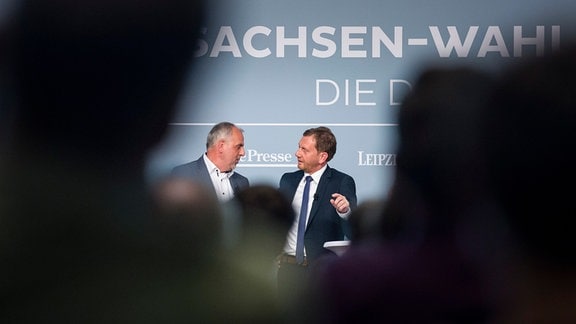 Rico Gebhardt (L), Spitzenkandidat DIE LINKE zur Landtagswahl in Sachsen, und Michael Kretschmer (R), CDU-Spitzenkandidat fuer die Landtagswahl in Sachsen