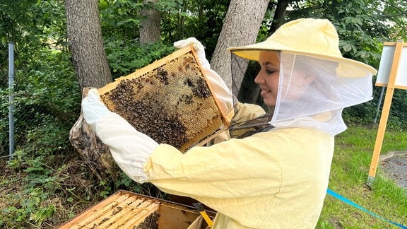 Ein junge Frau in Schutzanzug hält eine Bienenwabe mit Bienen.
