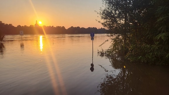 Die Abendsonne spiegelt sich in einer vom Hochwasser überfluteten Landschaft. 