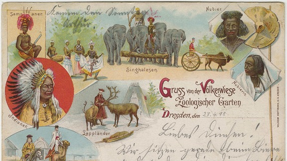Postkarte mit Schrift und den gezeichneten Abbildungen von Menschen verschiedener Völker.