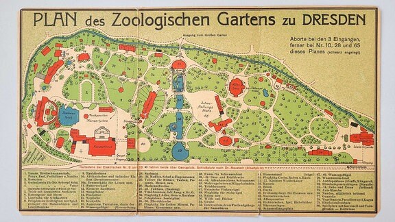 Gezeichnete Übersichtskarte des Dresdner Zoos, mit Nummerierungen und darunterstehenden Erläuterungen der Orte.