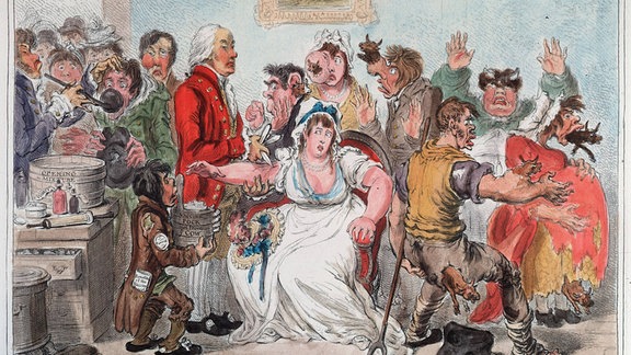 Karikatur zur Impfung gegen Pocken mit Kuhpocken-Serum (1802)