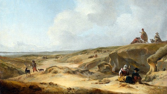 Barockes Gemälde einer hügeligen, sandigen Landschaft, in der vereinzelt Menschen zu sehen sind.