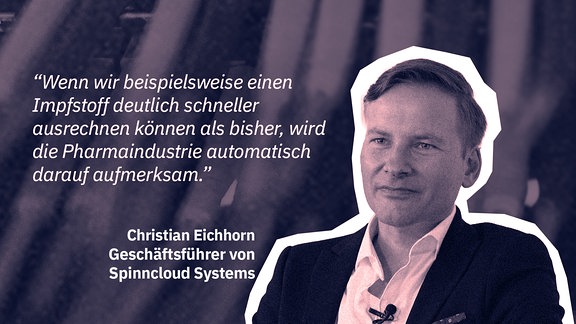 Eine Collage zeigt Christian Eichhorn, Geschäftsführer von Spinncloud Systems, dazu das Zitat: "Wenn wir beispielsweise einen Impfstoff deutlich schneller ausrechnen können als bisher, wird die Pharmaindustrie automatisch darauf aufmerksam."