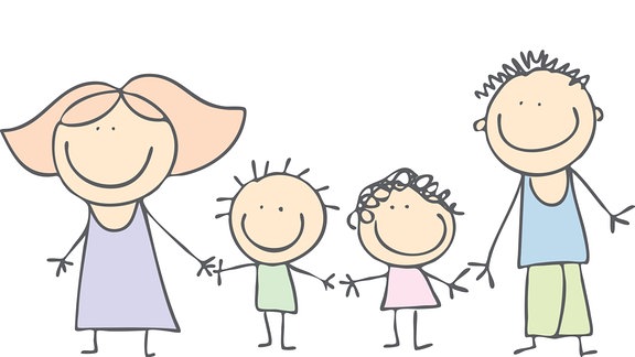 Symbolbild: Glückliche Familie - Über den lachenden Figuren von Mutter, Vater und zwei Kindern scheint eine Sonne.