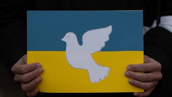 Ein Demo-Teilnehmer hält ein Plakat mit den ukrainischen Farben und einer Friedenstaube.