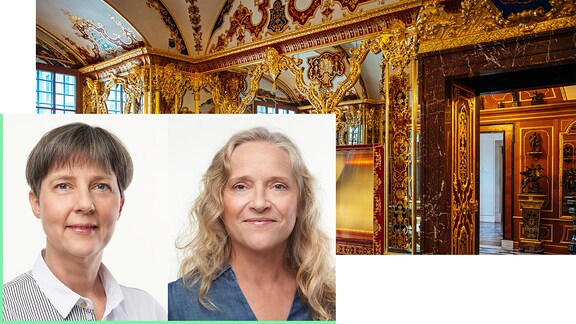 Die Redakteurinnen Ina Klempnow und Heike Römer vor einem Bild des Grünen Gewölbes