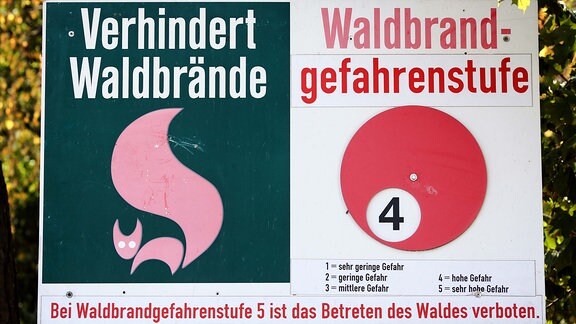 Ein Schild weist Waldbrandgefahrenstufe 4 aus. 