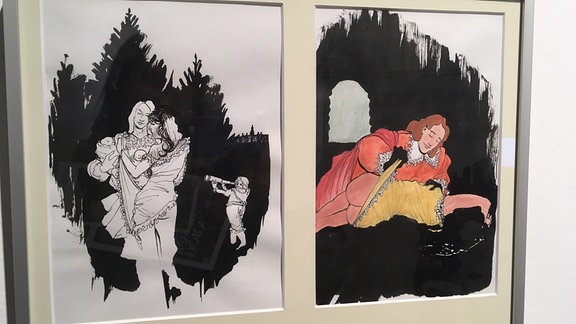 Zwei Zeichnungen in einem Bilderrahmen zeigen Motive des Märchens "Dornröschen"