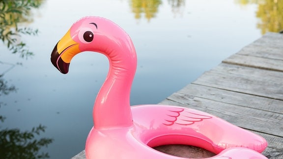 Ein aufblasberer Schwimmreifen in Gestalt eines Flamingo