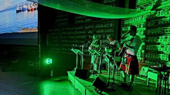 In grasgrünes Licht getaucht spielen drei Männer auf einer Bühne irische Musik. Die Band heuißt Leprechauns Pleasure und kommt aus der Schweiz.