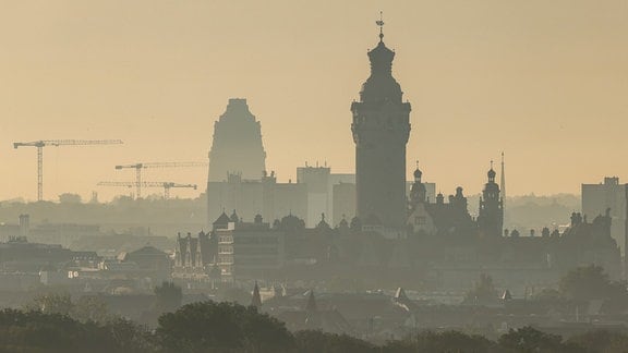 Das Neue Rathaus (r) und das Völkerschlachtdenkmal bilden vor dem Morgenhimmel eine eindrucksvolle Silhouette. 