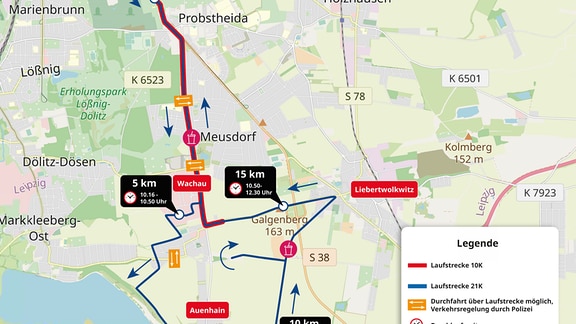 Karte der Laufstecke und Straßensperrungen beim Leipzig Run 2024